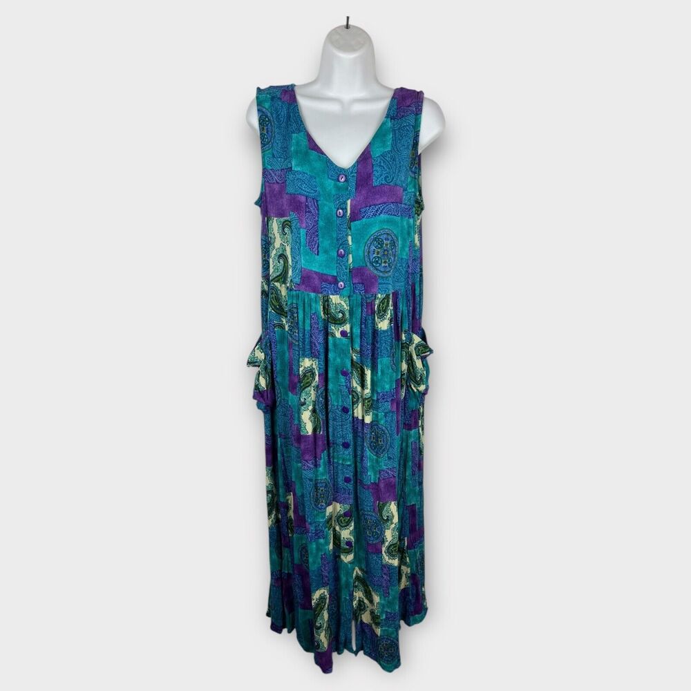 Vintage Bila Rayon Blue Purple‎ Maxi Tank Dress Colorful Button Front Boho Small